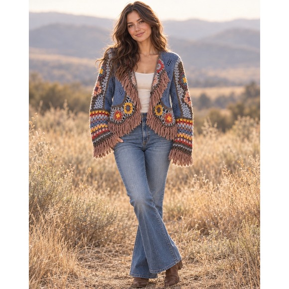 Peruvian Connection Other - Peruvian Connection Lookout Mountain Bolero Alpaca Crochet Fringe Cardigan Boho